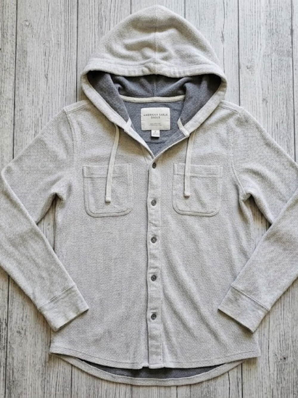 American Eagle Grey Waffle Knit Button Down Hooded Shirt Small Unisex